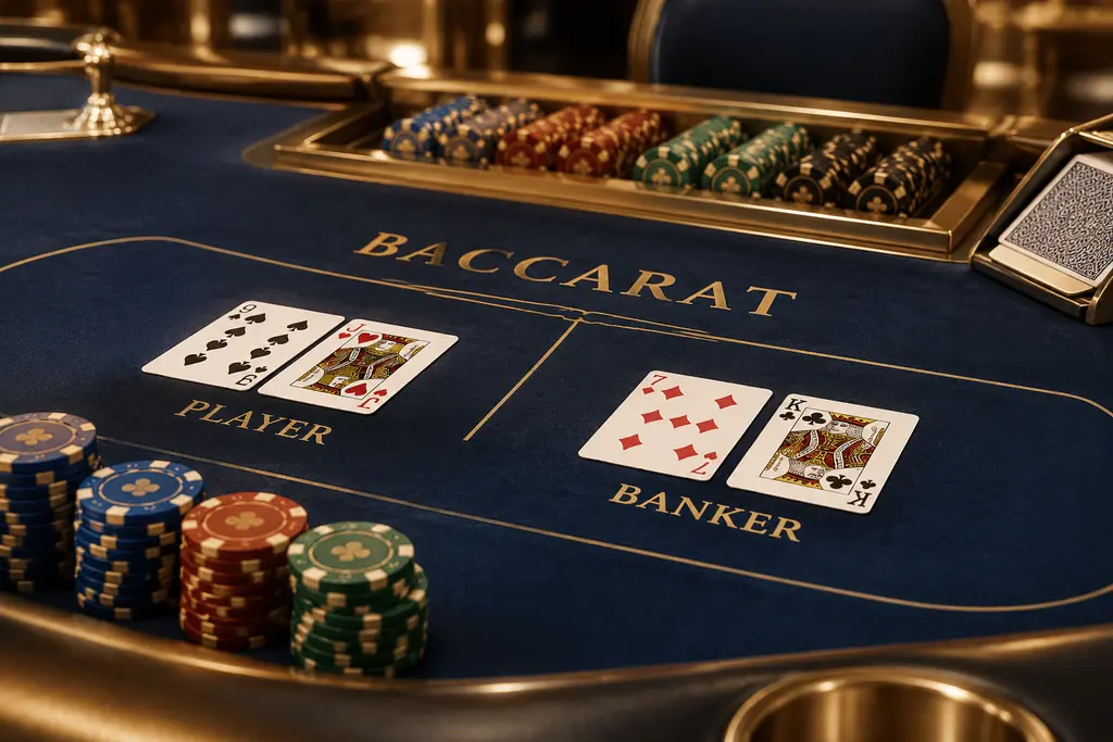 Ilustrasi meja baccarat dengan kartu dan tumpukan cip