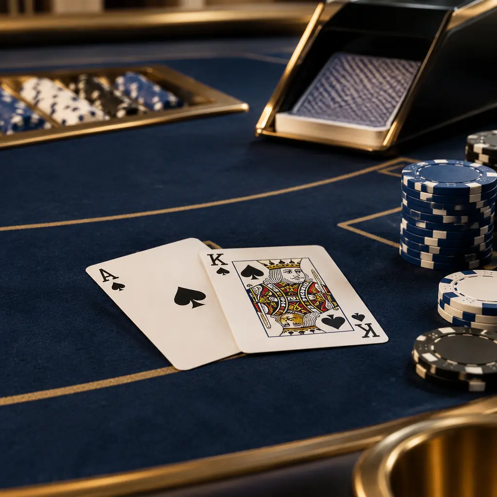 Ilustrasi meja blackjack dan kartu bernilai 21