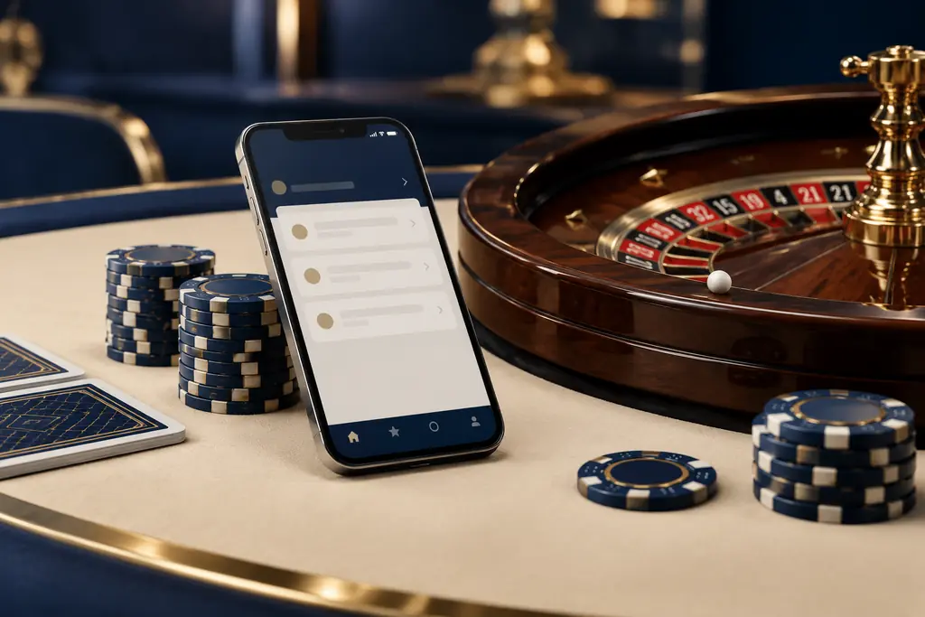 Ilustrasi ponsel di samping meja roulette kasino